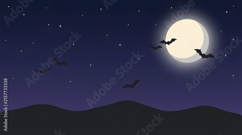 A spooky and delightful halloween night scene a flat vector illustration with bats silhouetted against a full moon in a dark starry
