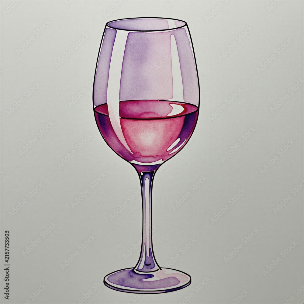 Naklejka premium Watercolor art of a wine glass filled with red wine. Smooth purple and pink hues create a gentle, elegant feel. This art is perfect for beverage ads, restaurant menus, or wine lover blogs.