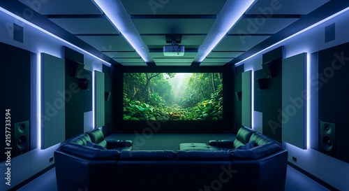 Modern home theater with blue lighting.