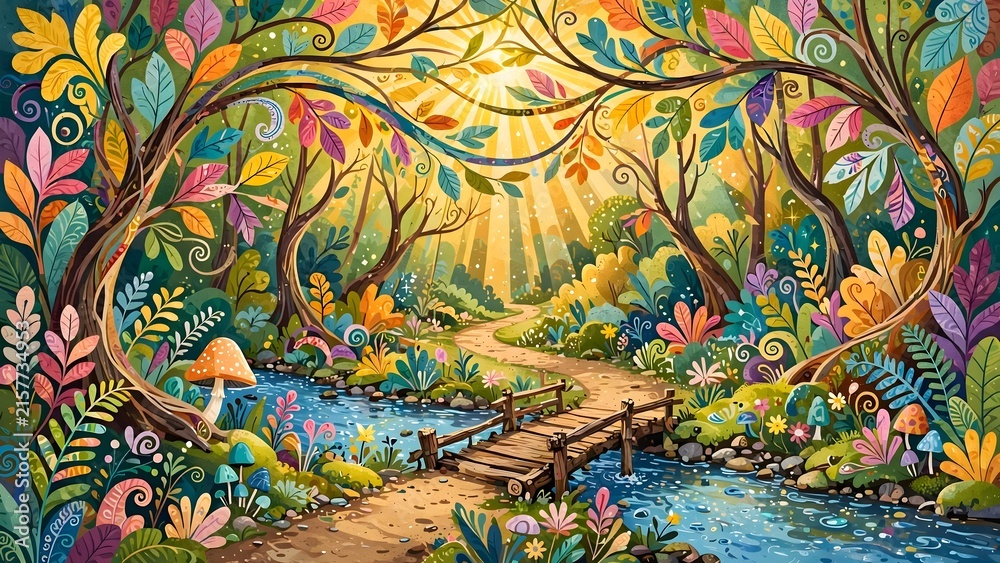 Obraz premium Whimsical Alegria Style Forest Path Graphic Illustration with Intertwined Trees Sparkling Stream Wooden Bridge Mushrooms and Canopy Sunbursts