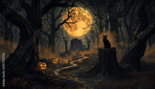 Spooky Haunted Forest with Jack-o'-Lanterns, Black Cat and Full Moon/ Haunted Forest Halloween Scene with Glowing Pumpkins and Black Cat