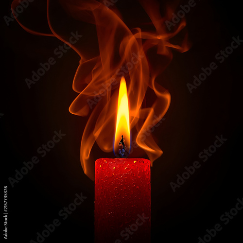 Burning Red Candle with Swirling Smoke on Dark Halloween Background/Mystical Candle Flame and Elegant Smoke Trails in Darkness