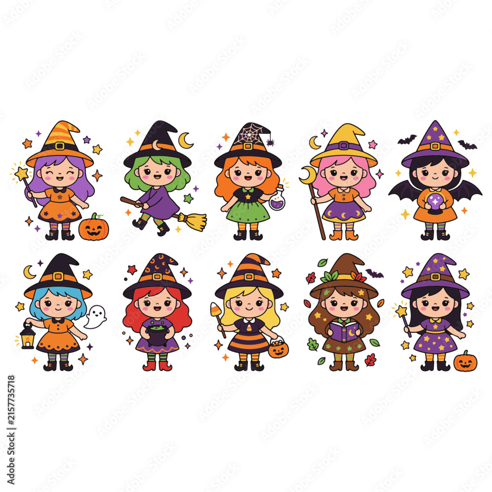 Fototapeta premium Halloween cartoon kids in costumes trick or treating vector illustration set for party invitations
