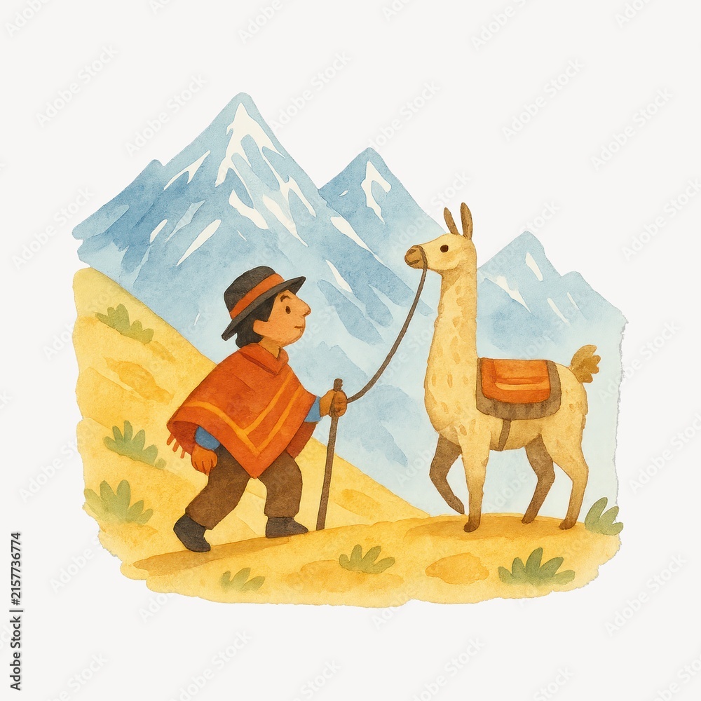 Naklejka premium Child with llama in mountains.