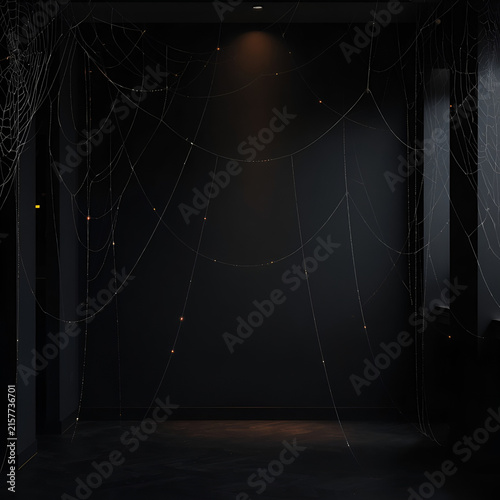 Dark Halloween Background with Realistic Spider Webs and Glowing Embers/ Mysterious Black Halloween Frame with Delicate Spider Webs and Dark Atmosphere