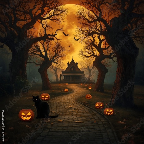 Haunted Mansion Under a Giant Orange Full Moon with Glowing Halloween Pumpkins/ Spooky Halloween Haunted House with Jack-o'-Lanterns, Black Cat and Bats abstract background 