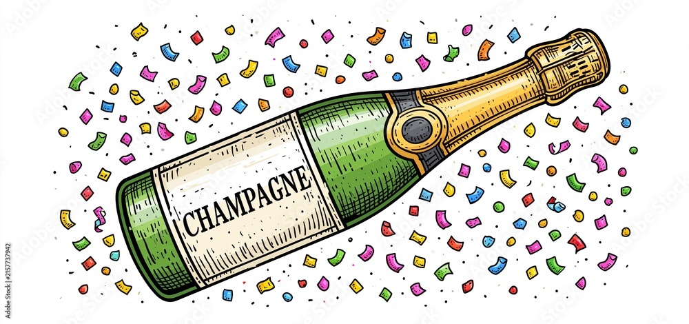 Naklejka premium Festive confetti surrounds a sparkling wine bottle sketch, perfect for holiday and romantic celebration invitations.