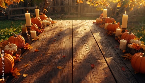 autumn leaves and pumpkins on wooden background holiday celebration concept. generative ai