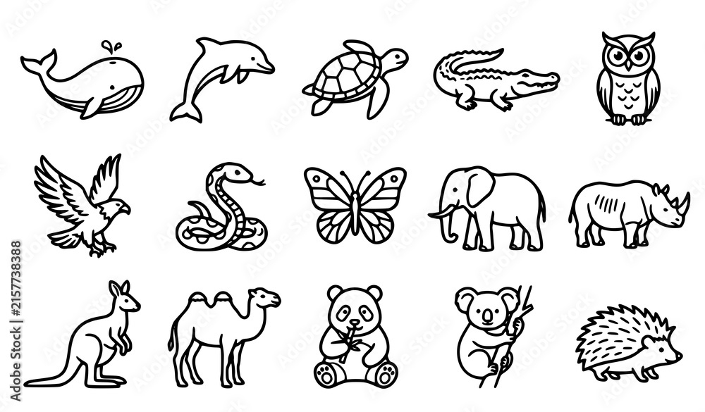 Obraz premium Hand Drawn Wild Animal Collection with Whale Dolphin Turtle Crocodile Owl Elephant and Kangaroo Line Art
