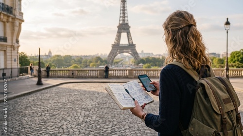 Traveler planning city trip in Paris with notebook and smartphone looking at Eiffel Tower view at sunrise for vacation itinerary inspiration