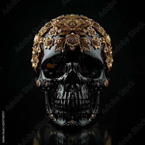 Luxury Gothic Skull with Ornate Golden Floral Decoration on Black/Elegant Black Skull Adorned with Intricate Gold Botanical Ornament