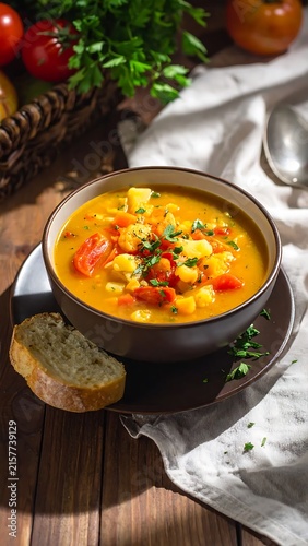 Colorful vegetable soup in black bowl with bread.
