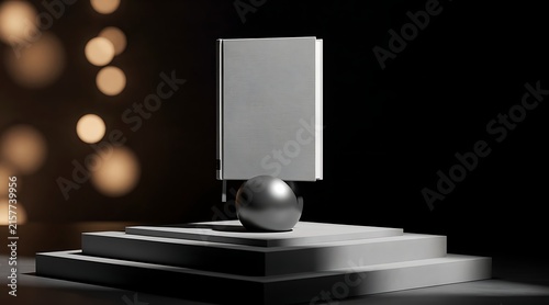 Elegant blank white hardcover book mockup standing on a sphere and tiered podium with bokeh lights