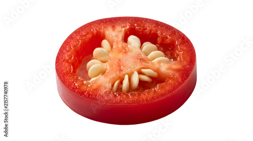 Macro close-up of fresh red chili pepper slice showing seeds and inner texture isolated on transparent background