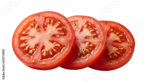 Three fresh red tomato slices showing seeds and juicy  isolated on transparent background