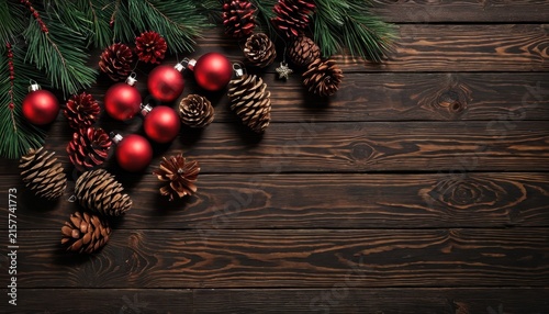 Festive Christmas Decorations with Red Baubles Pinecones and Greenery on Wooden Surface