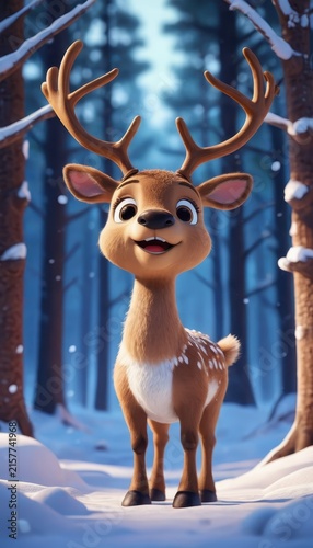 Cute animated reindeer with large antlers standing in snow-covered forest scene