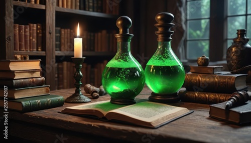 Vintage study room with green potion bottles and lit candle on wooden desk