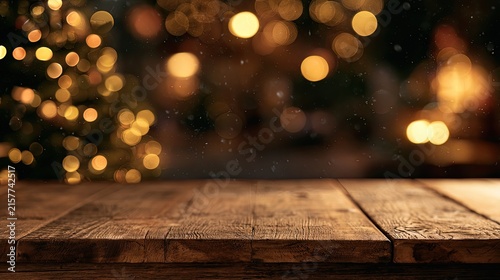 Empty wooden table with glowing festive lights and bokeh background