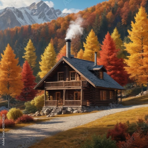 Cozy Wooden Cabin in Autumn Forest with Mountain Background and Smoke from Chimney