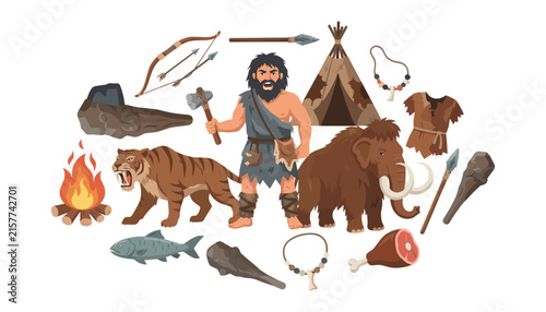 Canvastavla Prehistoric Stone Age vector collection featuring a wild caveman mammoth saber t