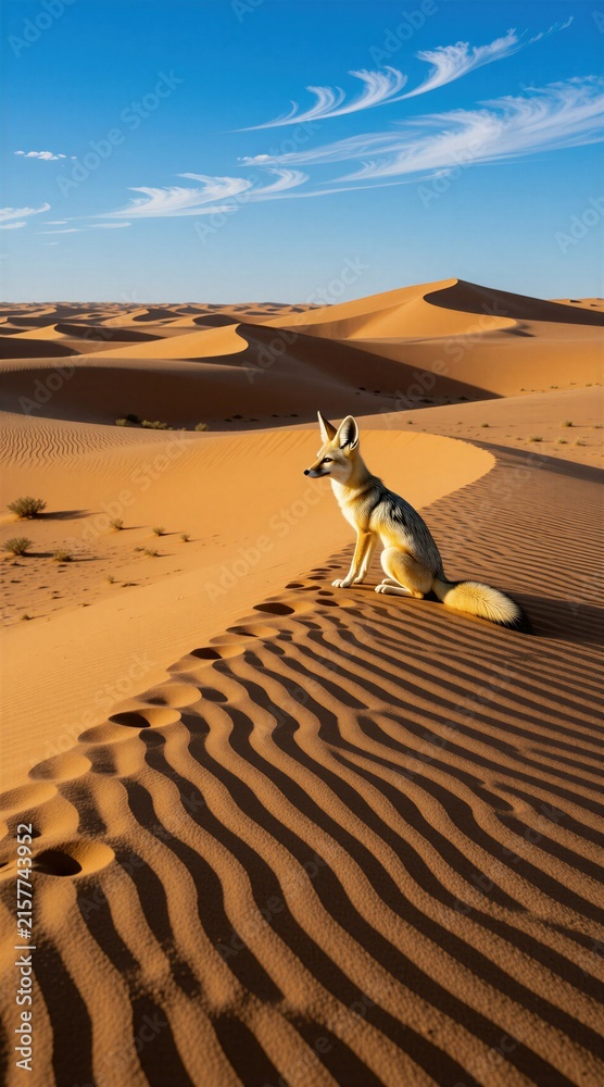 Naklejka premium Wild desert fox sits alone on high golden sand dune. Small mammal watches horizon in arid landscape under clear blue sky. Sunny weather illuminates dry region. Natural wildlife environment provides