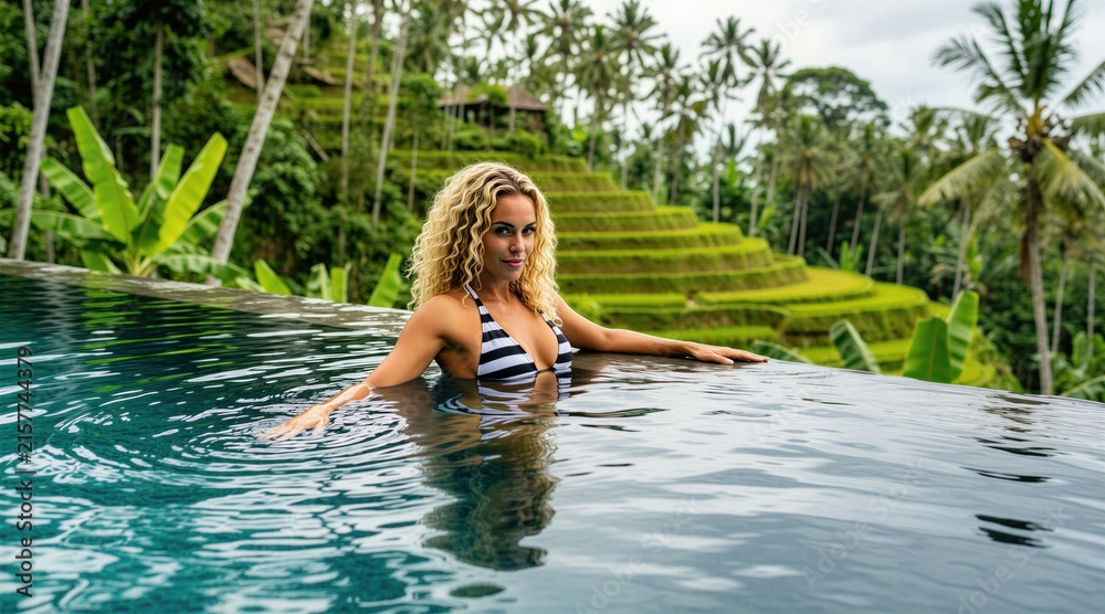 Fototapeta premium Blonde woman in bikini rests in infinity pool. Rich green rice terraces and palm trees form tropical background. She enjoys summer vacation at luxury resort with scenic ocean view.