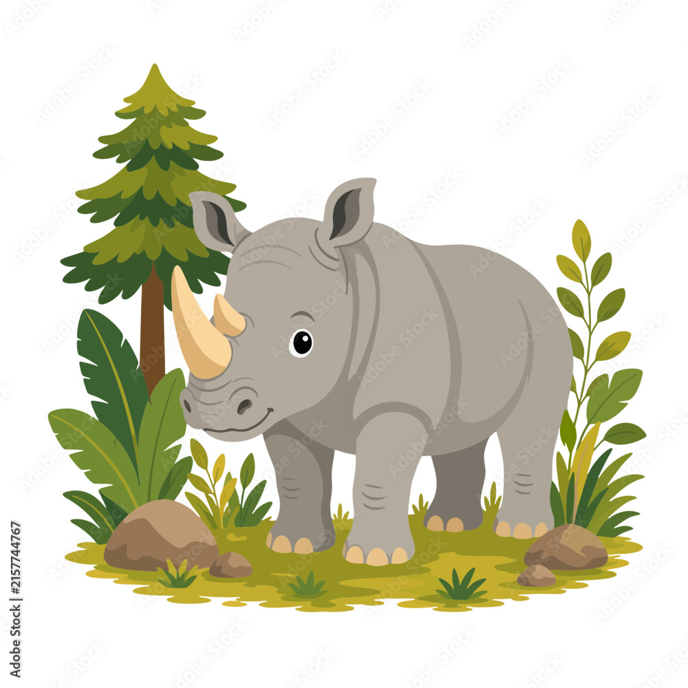 Obraz premium Friendly cute rhinoceros standing in a lush green forest surrounded by pine trees, tropical leaves, and rocks. Flat vector style illustration for kids book or education design.