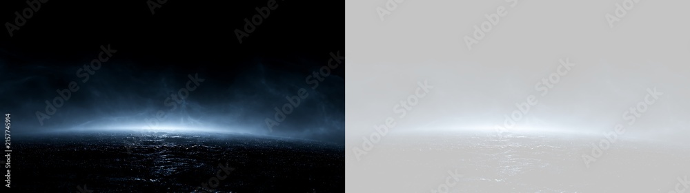 Fototapeta premium Futuristic planet surface with glowing horizon and cosmic nebula. Sci-fi landscape element overlay with blue atmospheric light