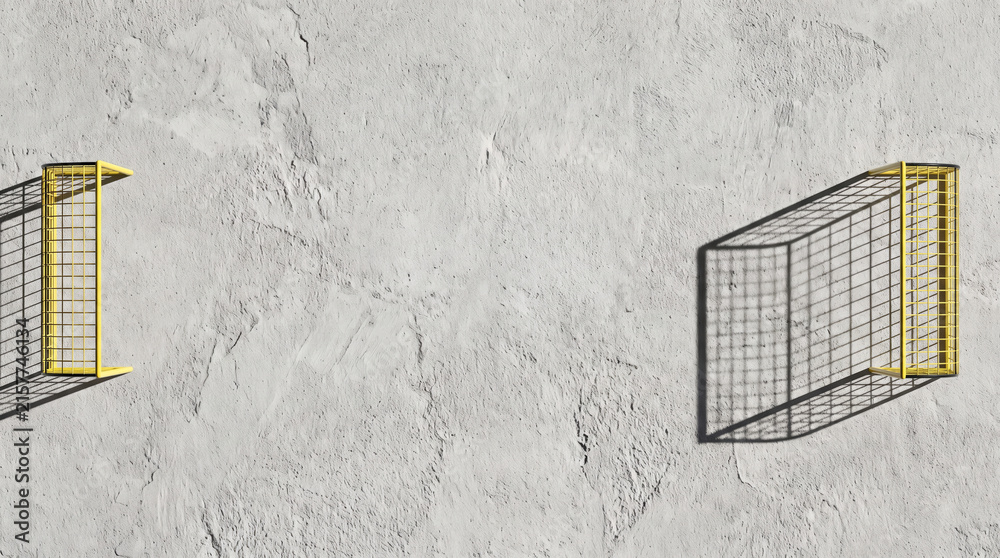 Fototapeta premium Soccer neighborhood street goal shadow concrete wall urban sport. Children play football sport game. urban neighbourhood community recreation, friends team friendship ball