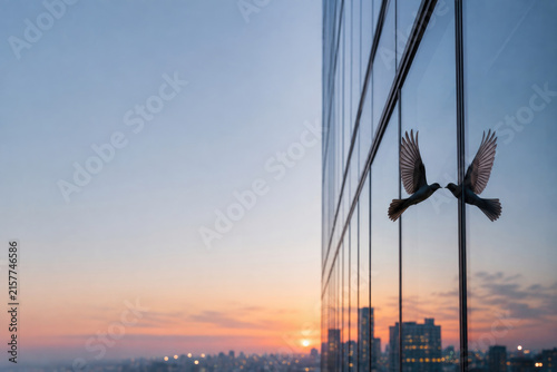 Bird touches its reflection on glass building at sunset. Space for text.