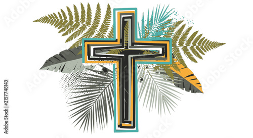 Foto A stylized cross adorned with palm fronds and fern leaves, symbolizing religious themes and the Easter season