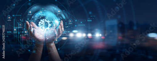 AI engineer hands hold global predictability. Machine Learning network trains neural models, predictive systems, algorithmic logic, and smart deep data. Modern software systems work perfectly.