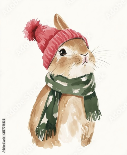 Watercolor rabbit in winter clothes with red scarf