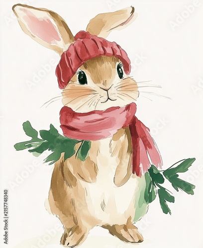 Watercolor rabbit in winter clothes with red scarf