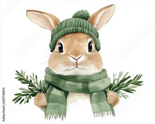 Hand-painted bunny in cozy green winter scarf and pompom hat