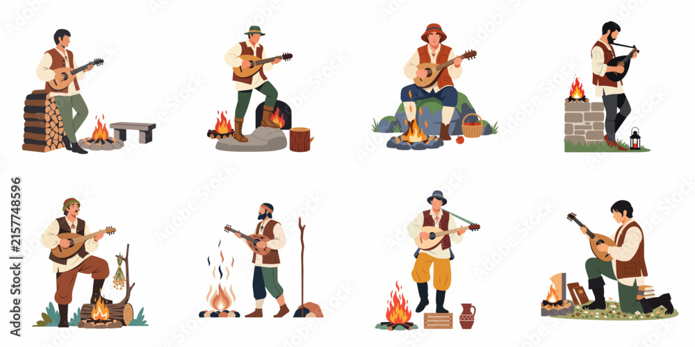 Fototapeta premium Set of flat vector illustrations depicting medieval men playing lutes and mandolins by campfires in various rustic outdoor settings.