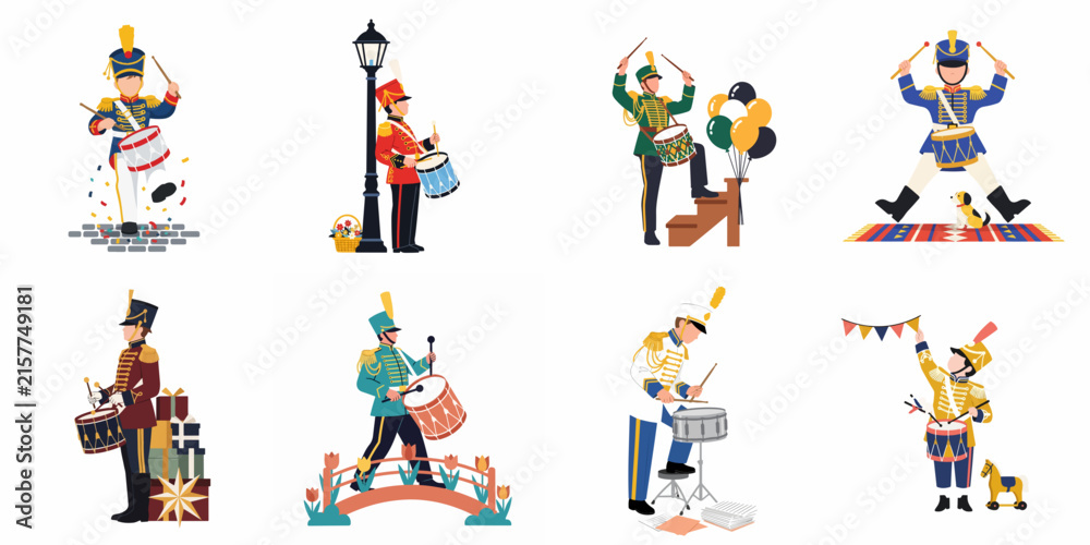 Fototapeta premium Set of eight flat illustrations featuring various drummers in marching band and toy soldier uniforms performing in different festive settings.