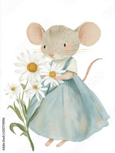 Cute watercolor mouse holding daisies in soft pastel illustration