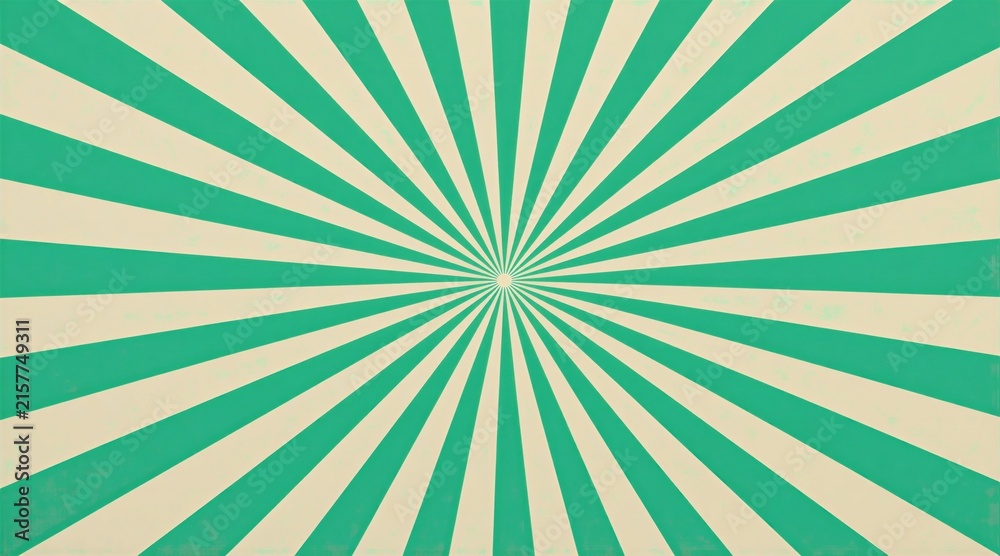Obraz premium Retro sunburst pattern with mint green rays emanating from center. Vintage backdrop offers graphic design element. Simple radial design for varied creative uses. Bright clean backdrop.