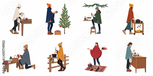 Minimalist flat vector illustrations of women in cozy winter outfits participating in holiday activities, like decorating Christmas trees and preparing warm drinks.