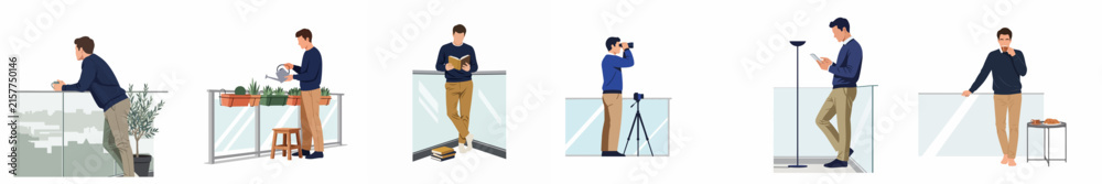 Fototapeta premium Set of vector illustrations depicting a man engaged in various leisure activities on a modern apartment balcony against a white background.