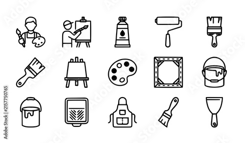 Painter tools and painting equipment outline icon set with brush roller easel palette and canvas
