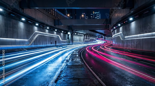 Fast moving car light trails in a modern city tunnel at night