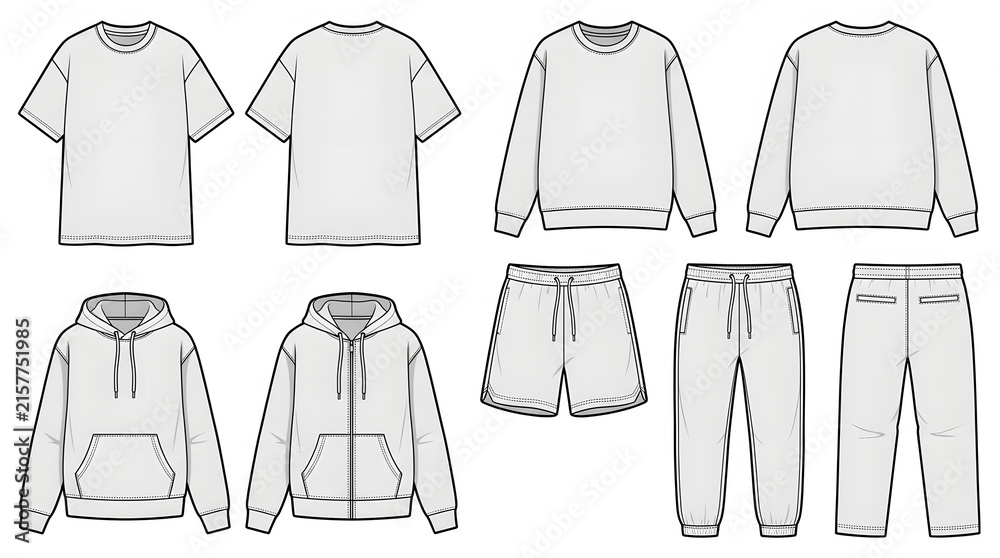 Naklejka premium Apparel technical fashion sketches set sweatshirt hoodie shorts pants