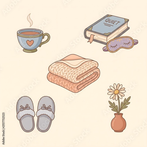 Cozy hygge lifestyle icons, self care elements, comfort objects set