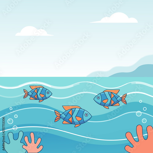 Colorful cartoon fish swim through blue ocean waves beneath soft clouds in a playful underwater scene.