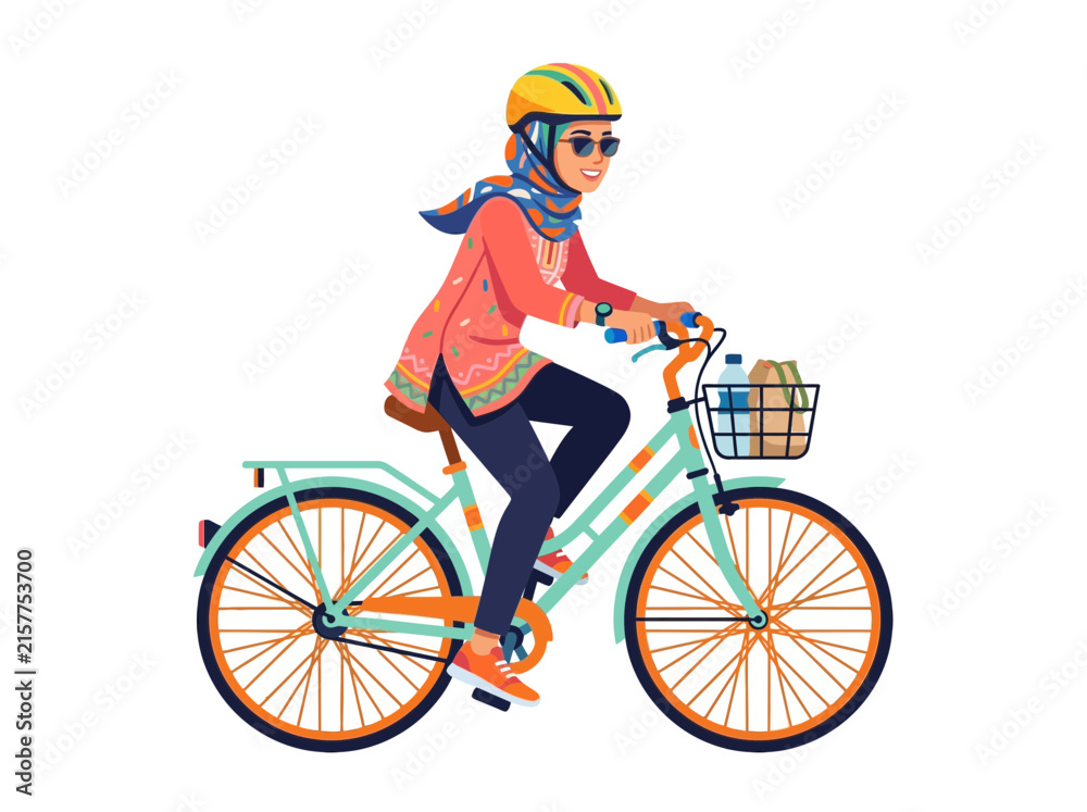 Fototapeta premium Young Woman Riding Colorful Bicycle With Basket.