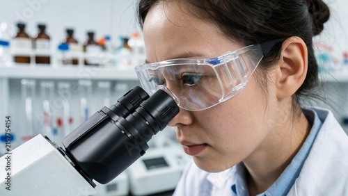 Female scientist looking through microscope in lab