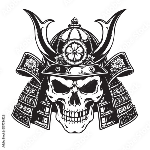 Bild auf Leinwand Japanese Samurai Skull Vector, Traditional Kabuto Helmet Illustration, Ronin War